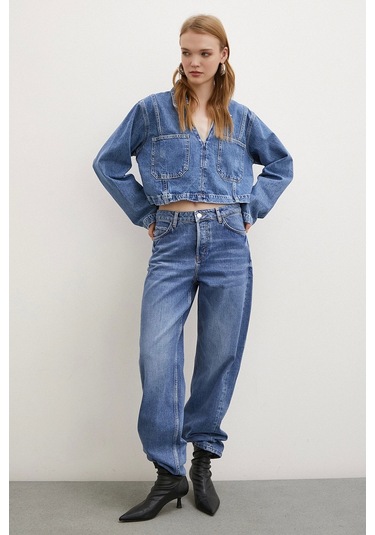 Never More Yüksek Bel Düğme Kapamalı Mom Jean Mavi Mavi