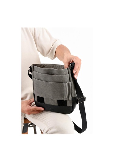 Kanvas Kumaş Tablet Çantası Erkek Postacı Çanta 27 23 Cm Çapraz Askılı Omuz Çantası Gri