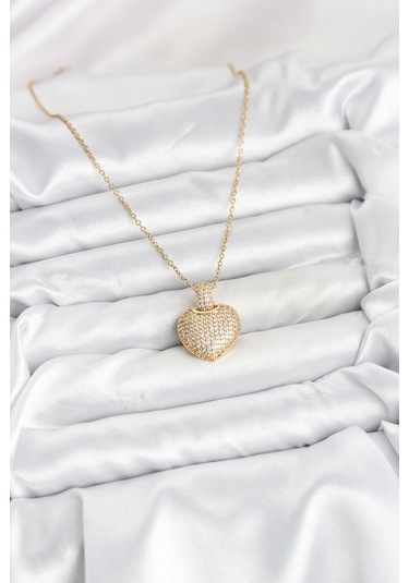 316l Çelik Zincir Gold Renk Zirkon Taşlı Kalpli Kadın Kolye - Prt3500eb09330-95252 altın