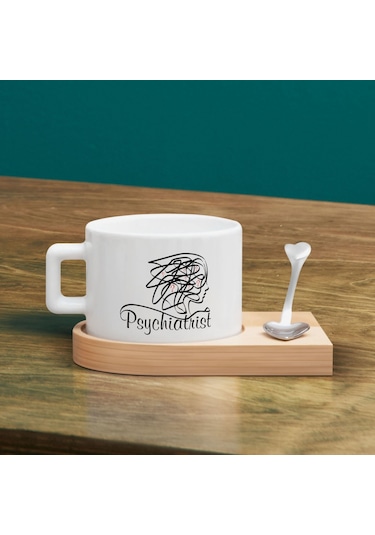 Bk Gift Kişiye Özel İsimli Psikiyatrist Tasarımlı-2, Ahşap Altlıklı Seramik Fincan, Meslek Hediyesi, Yeni İş Hediyesi Kobitmeyen137938 Bk Gift
