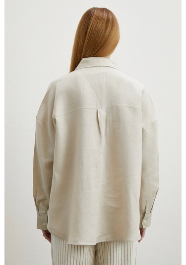 Robalı Cepli Keten Gömlek Taş TAŞ Taş