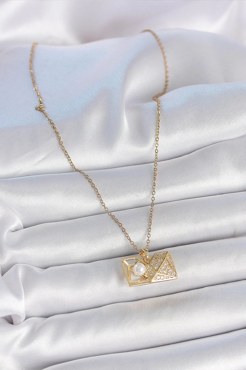 Dodes Dodes 316l Çelik Gold Renk Zincir Zirkon Taşlı Açılır İncili Elmas Model Kadın Kolye Tg27bko10 Çok renkli