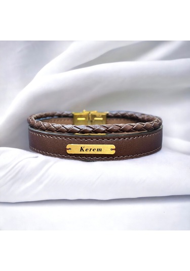 Kerem Yazılı Kahverengi Derili Dikdörtgen Figürlü 14 Ayar Altın Plakalı Hediye Bileklik-531isim Kerem