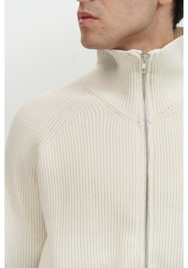 Brock Tam Fermuarlı Ekru Erkek Triko Kazak Ekru