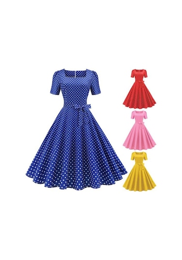 Vintage Puantiyeli Elbise Klasik Film Tarzı Tasarım Kare Zarif Zamansız Retro Yaka Kadın Elbise Sarı