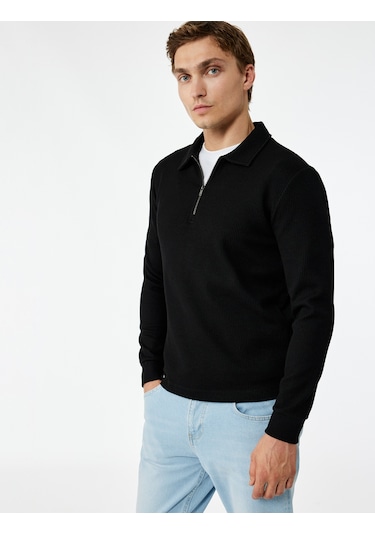 Koton Uzun Kollu Basic Dokulu Yarım Fermuarlı Polo Yaka Sweatshirt Siyah 6wam70023mk Siyah