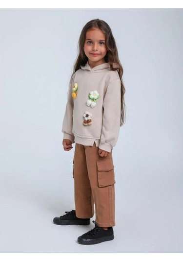 Kız Çocuk Çiçek Örgü Detaylı Kapüşonlu Sweatshirt-14306 Bej