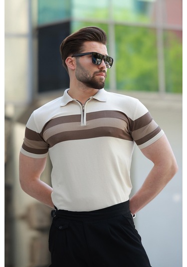 Madmext Taba Fermuarlı Polo Yaka Çizgili Erkek Tişört E7406 Taba