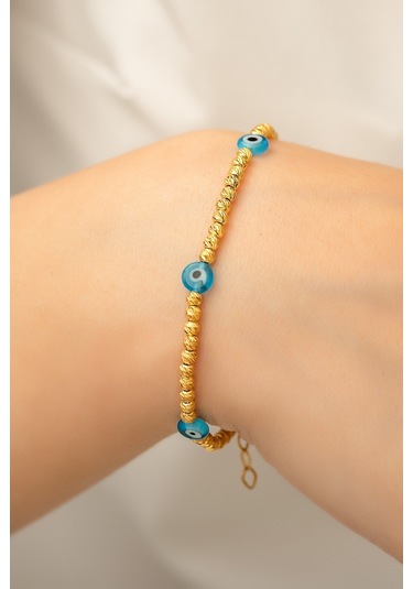 Üç Nazar Gözü Toplu Dorica Toplu Fantezi Bileklik 14 Ayar Altın Kaplama 925 Ayar Gümüş