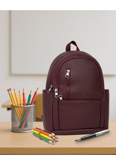 Yuga Suni Deri Dört Gözlü Sırt Çantası Bordo Bordo