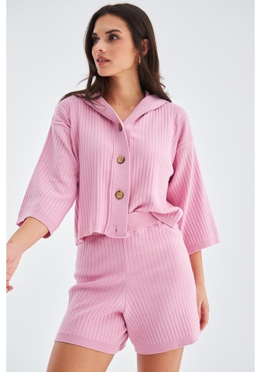Peraluna MUJO CARDIGAN & SHORTS %100 Pamuk Kadın Triko Şort Takım Şeker Pembe