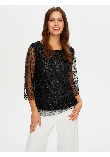 Faik Sönmez Boncuk İşli Kayık Yaka Kadın Abiye Bluz W26blz001 Siyah
