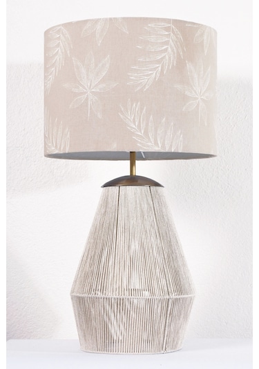 Desenli Başlıklı El Yapımı Simli Beyaz İp Abajur Beyaz