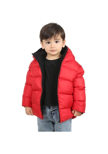 Freemen Erkek Çocuk Kırmızı Polarlı Kürklü Kapüşonlu Su Ve Rüzgar Geçirmez Şişme Kışlık Mont Kırmızı