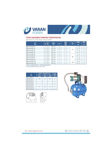 Varan Bm4-9x5 Hıd/80 L Tanklı Yatay Kademeli Hidrofor 4 HP / 3 kW Monofaze 220 V, 63 - 76 Mss
