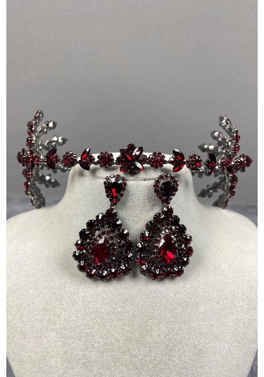 FdayAksesuar Aksesuar Gelin Tacı Seti Bordo Çift Taraflı Selen Model Kına Gelin Tacı Ve Damla Taşlı Küpe Takımı FRDY31674