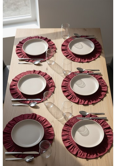 Yunusoğlu Home Pamuklu Fırfırlı Supla 6'lı Set Amerikan Servis 33 Cm Çap Supla 6'lı Bordo