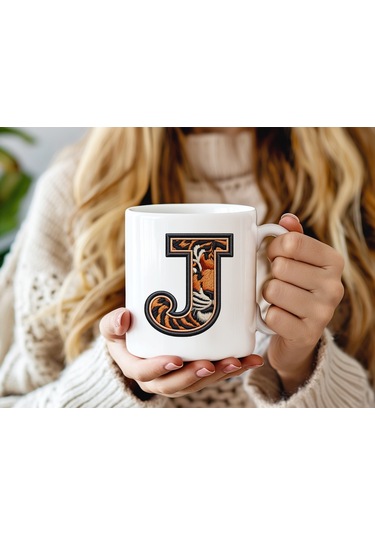 J Harfi Kaplan Figürlü Nakış Desenli Kupa Bardak - Kişiye Özel Vahşi Hayvan Desenli Kupa - Hediye Beyaz