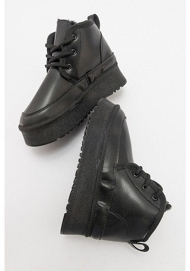 Luvishoes Ovela Siyah Cilt Kalın Taban Bğcklı Kadın Spor Bot Sıyah Cılt
