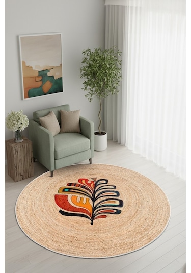 Zeminde Doğanın Ruhu: Renkli Motifli Hasır Görünümlü Kaymaz Taban Halı Bej