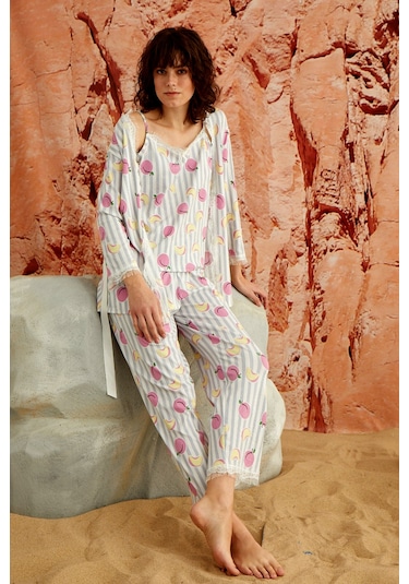 Sabahlıklı Dantel Detaylı Pegasus Kadın Pijama Takımı-çeyizlik Takım- Geniş Beden Aralığı Gri