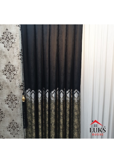Lüks Siyah Fon Pano Perde Sık Pile Tek Kanat, En100 Cm Siyah