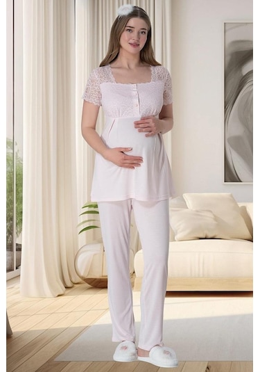 Mecit Pijama Mecit 6010 Bayan Pembe Dantelli Hamile Lohusa Pijama Takımı 001