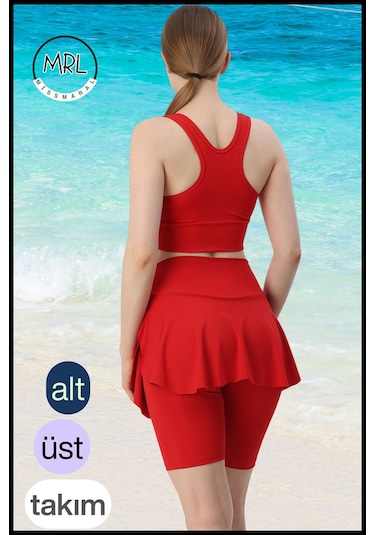 Kadın Takım Alt - Üst Biker Şort Diz Üstü &crop Bra Ped Destekli Denizde Havuzda Sporda Kırmızı Kırmızı