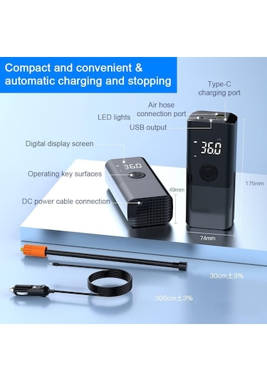 Arion Czk Şarjlı Led Işıklı Akıllı Araç Lastik Hava Pompası Kompresörü