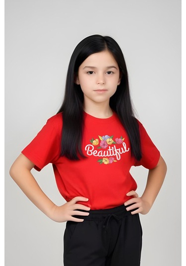 Beautiful Baskılı Kız Çocuk Tişört Ve Eşofman Alt-üst Takım Kırmızı