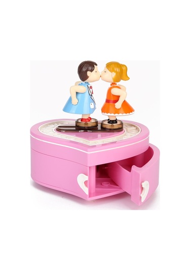 Kalp Tasarımlı Öpüşen Aşıklar Temalı Hareketli Müzik Kutusu Pembe