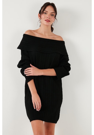 Lela Oversize Fit Kayık Yaka Uzun Kollu Mini Triko Bayan Elbise 4615218 Siyah