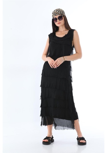 Italyan 2 Beden İnce Gösteren Kat Kat Kolsuz Ipek Elbise Siyah