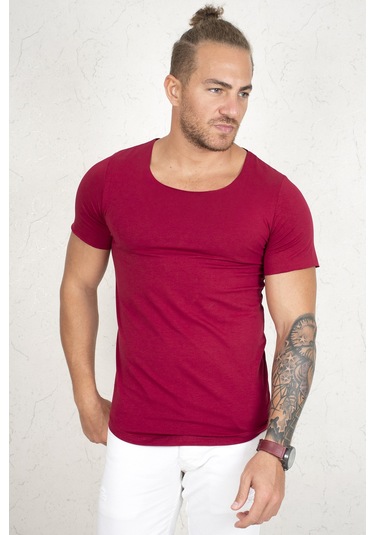Deepsea Erkek Bordo Geniş Yaka Likralı Tişört Oval Yaka Slim Fit Eteği Oval Açık Yaka T-shirt 1801199 Bordo