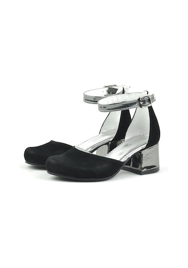 Siyah Platin Kalın Topuklu Kız Çocuk Topuklu Ayakkabı Siyah