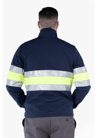 Çift Sıra Reflektörlü Neon Softshell Mont Lacivert - Sarı
