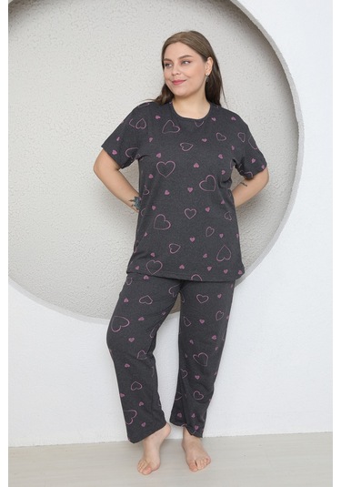 Fames Pijama Büyük Beden Pembe Kalp Desenli Pijama Takim Koyu Füme