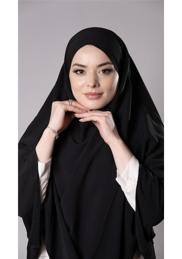 Siyah Pratik Hazır Geçmeli Tesettür Eşarp Medine İpeği Bağcıklı Çift Katlı Sufle Hijab 2302 01