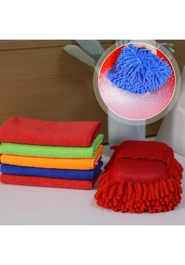 Honeybeeshop 6 Adet Mikrofiber Araba Yıkama Seti Yeşil Chenille Sünger 5 Havlu Süper Emici Çiziksiz