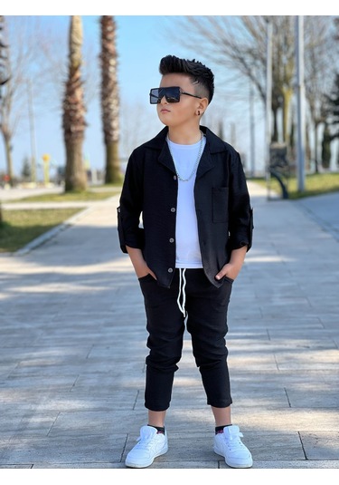 Modavals Kol Katlamalı Keten Gömlek & Beli Lastikli Keten Pantolon & Pamuklu Tshırt & Zincir Aksesuar 4lü Keten Erkek Çocuk Takım Siyah Modavals Kol Katlamalı Keten Gömlek & Beli Lastikli Keten Pantolon & Pamuklu Tshırt & Zincir Aksesuar 4lü Keten Erkek Çocuk Takım Siyah