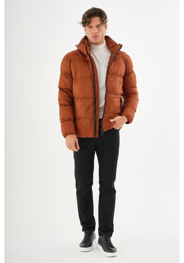 Erkek Kapüşonlu Fermuarlı Cepli Kışlık Şişme Kısa Mont KİREMİT