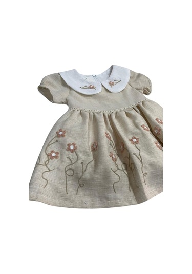 Kız Çocuk Şapkalı Çiçek İşlemeli Keten Elbise 001