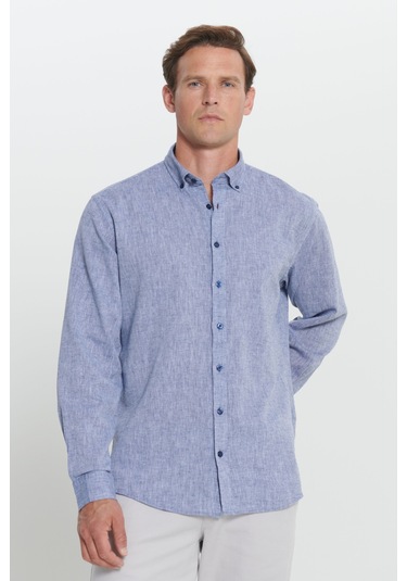 Erkek Lacı Comfort Fit Rahat Kesim Düğmeli Yaka Keten Gömlek Lacı Lacivert