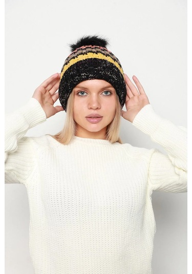 Ponpon Detay İçi Yünlü Renkli Örme Kadın Bere Rkş-23 Siyah Siyah
