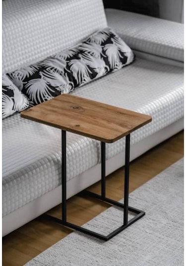 Metal Yan Sehpa Ahşap Raflı Koltuk Yanı Servis Sehpası C Sehpa