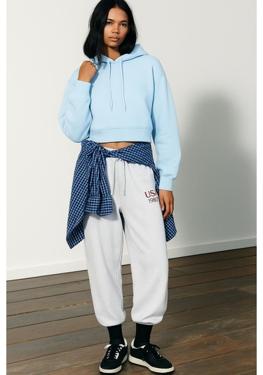 Üç İplik Kapüşonlu Crop Sweat Bebe Mavisi