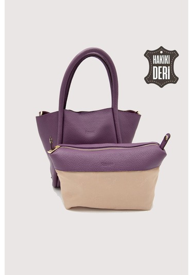 Hakiki Deri Kadın Organizerlı El Çantası Mürdüm Smr9206 Mürdüm