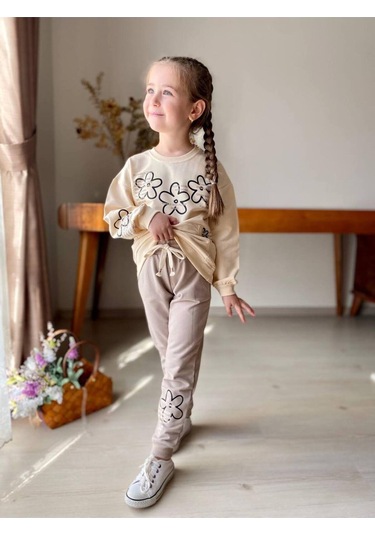 Çiçekli Kanguru Cepli Kız Çocuk 2'li Takım Bej