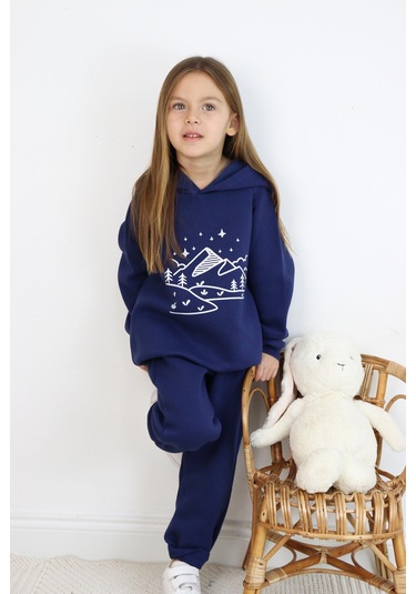 3 İp Baskılı Kapüşonlu Şardonlu İkili Takım Lacivert