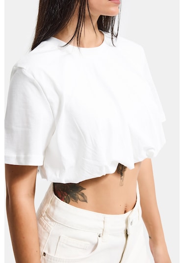 Itsbasic Kadın Kırık Beyaz S6-101 Crop Balon Fit T-shirt